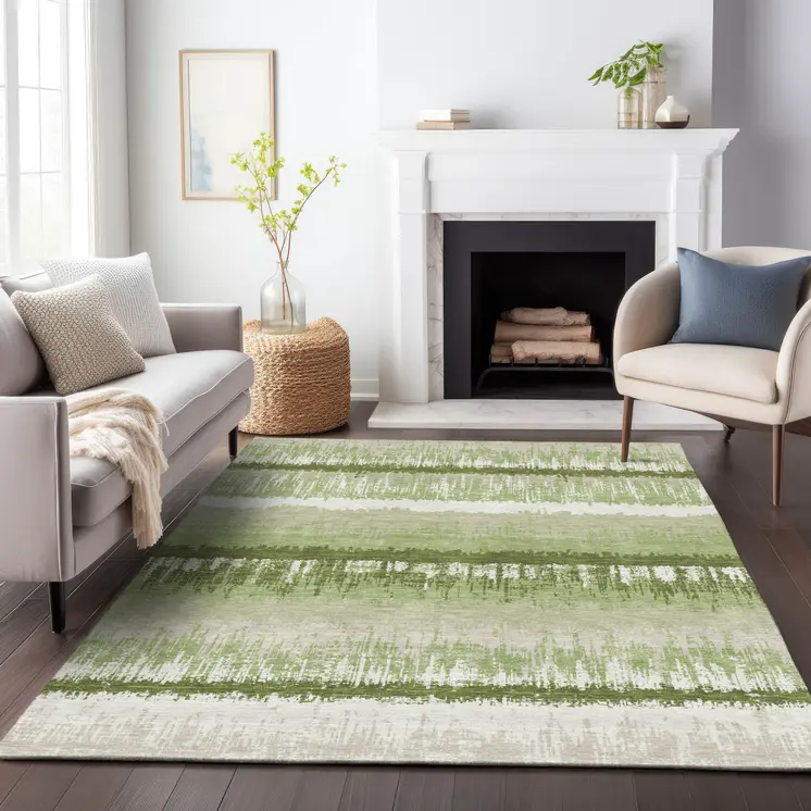 8' X 10' Artichoke Green Beige And Ivory Striped Washable Indoor Outdoor Area Rug