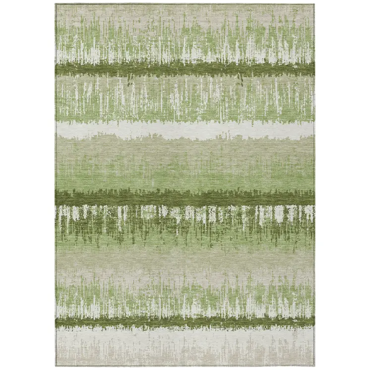 10' X 14' Artichoke Green Beige And Ivory Striped Washable Indoor Outdoor Area Rug