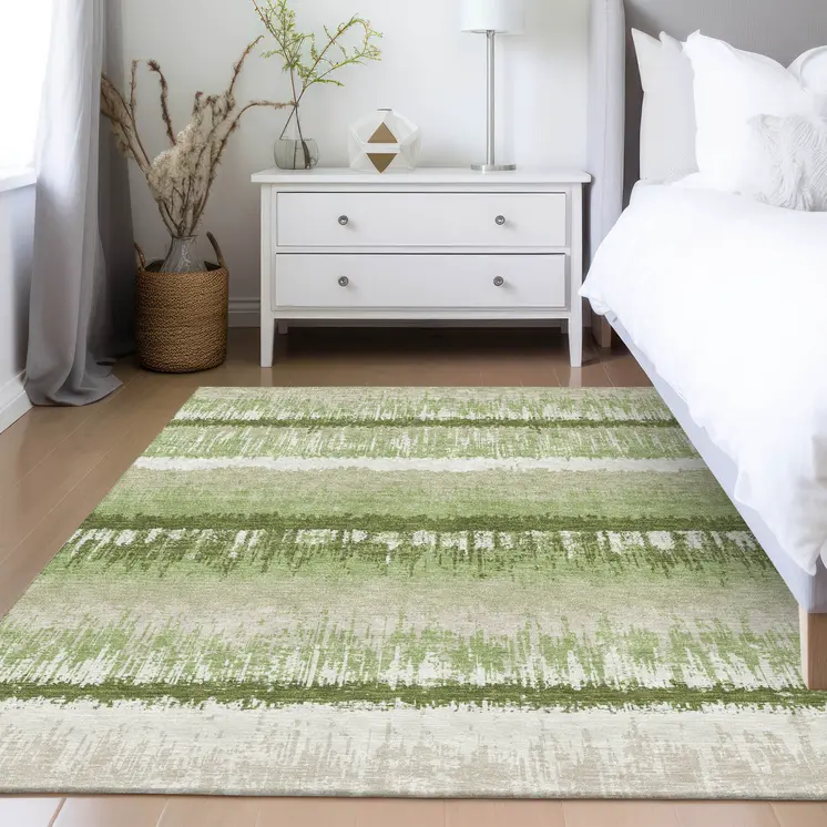 10' X 14' Artichoke Green Beige And Ivory Striped Washable Indoor Outdoor Area Rug