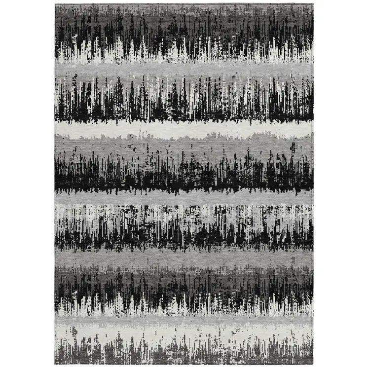 3' X 5' Black Gray And Ivory Striped Washable Indoor Outdoor Area Rug