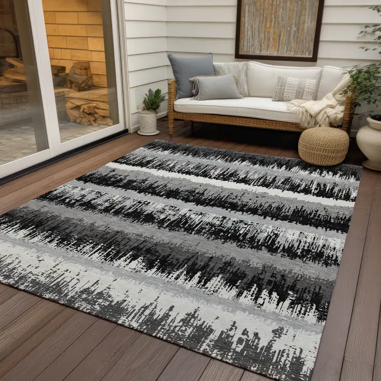 5' X 8' Black Gray And Ivory Striped Washable Indoor Outdoor Area Rug