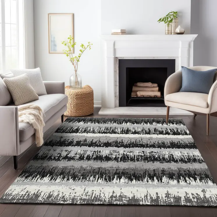 5' X 8' Black Gray And Ivory Striped Washable Indoor Outdoor Area Rug