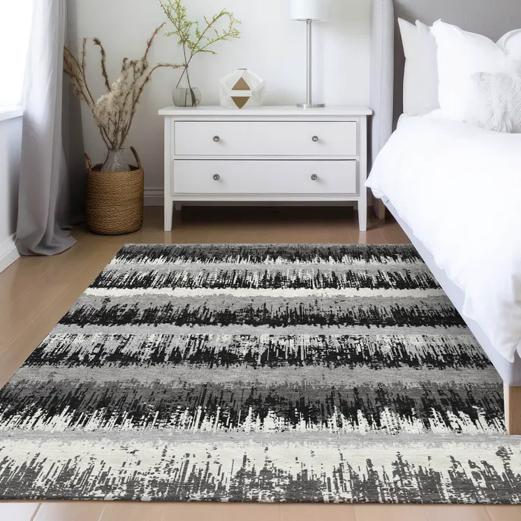 5' X 8' Black Gray And Ivory Striped Washable Indoor Outdoor Area Rug