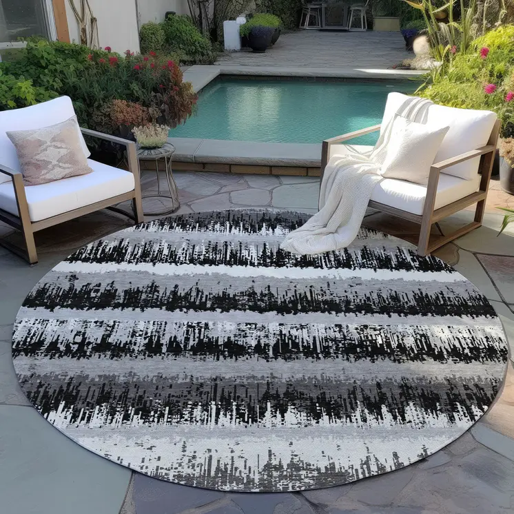 8' Black Gray And Ivory Round Striped Washable Indoor Outdoor Area Rug