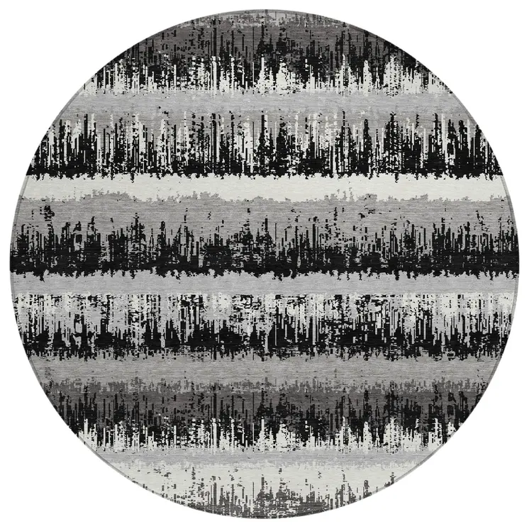 8' Black Gray And Ivory Round Striped Washable Indoor Outdoor Area Rug