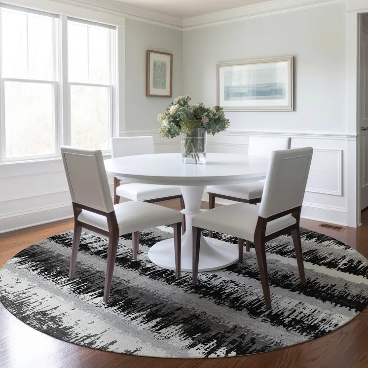 8' Black Gray And Ivory Round Striped Washable Indoor Outdoor Area Rug