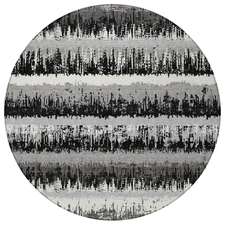 8' Black Gray And Ivory Round Striped Washable Indoor Outdoor Area Rug