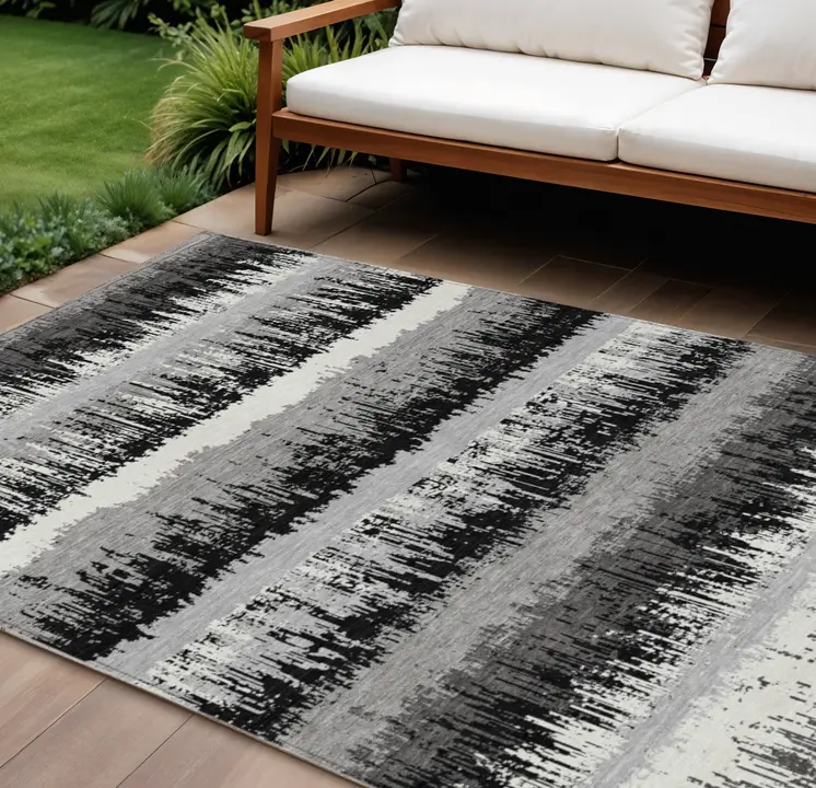 9' X 12' Black Gray And Ivory Striped Washable Indoor Outdoor Area Rug