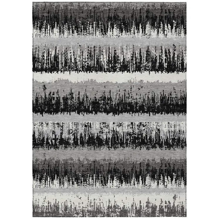 9' X 12' Black Gray And Ivory Striped Washable Indoor Outdoor Area Rug
