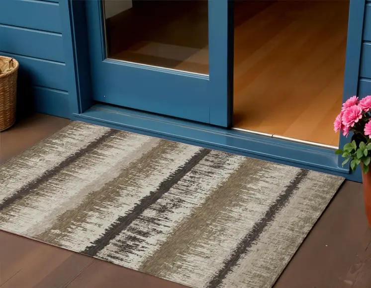 3' X 5' Brown Beige And Ivory Striped Washable Indoor Outdoor Area Rug