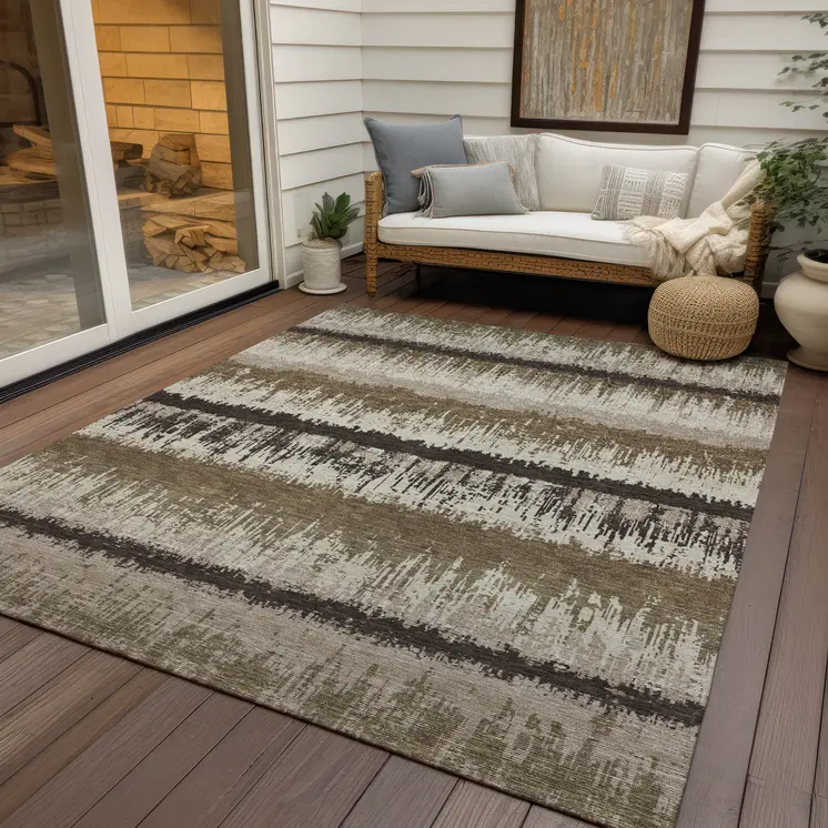 3' X 5' Brown Beige And Ivory Striped Washable Indoor Outdoor Area Rug