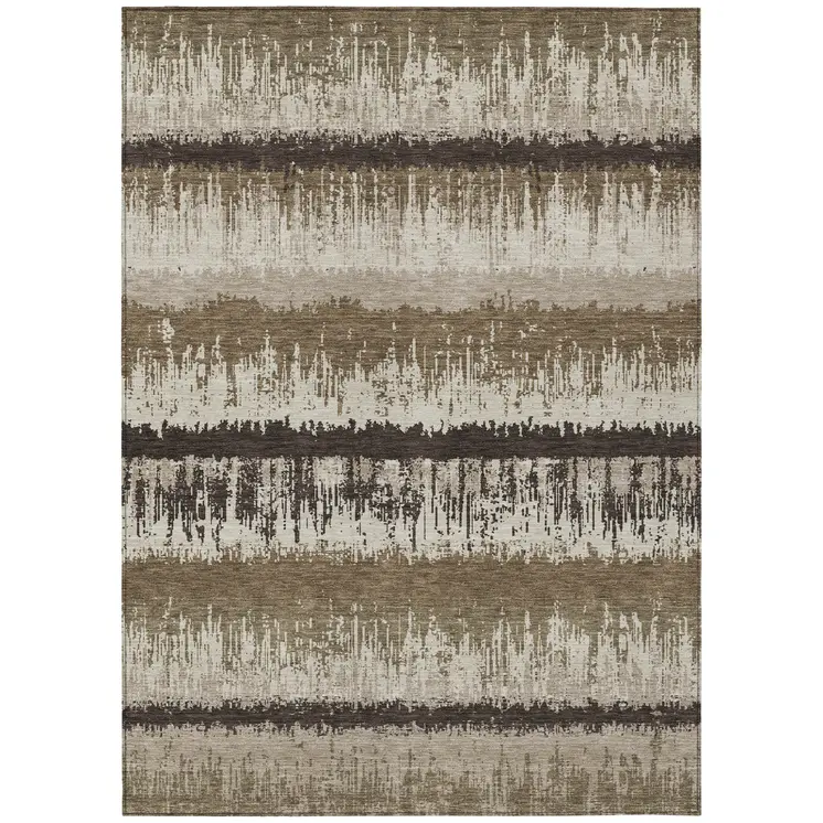 3' X 5' Brown Beige And Ivory Striped Washable Indoor Outdoor Area Rug