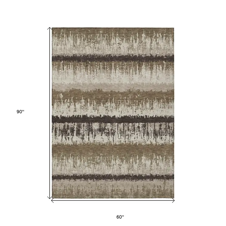 5' X 8' Brown Beige And Ivory Striped Washable Indoor Outdoor Area Rug