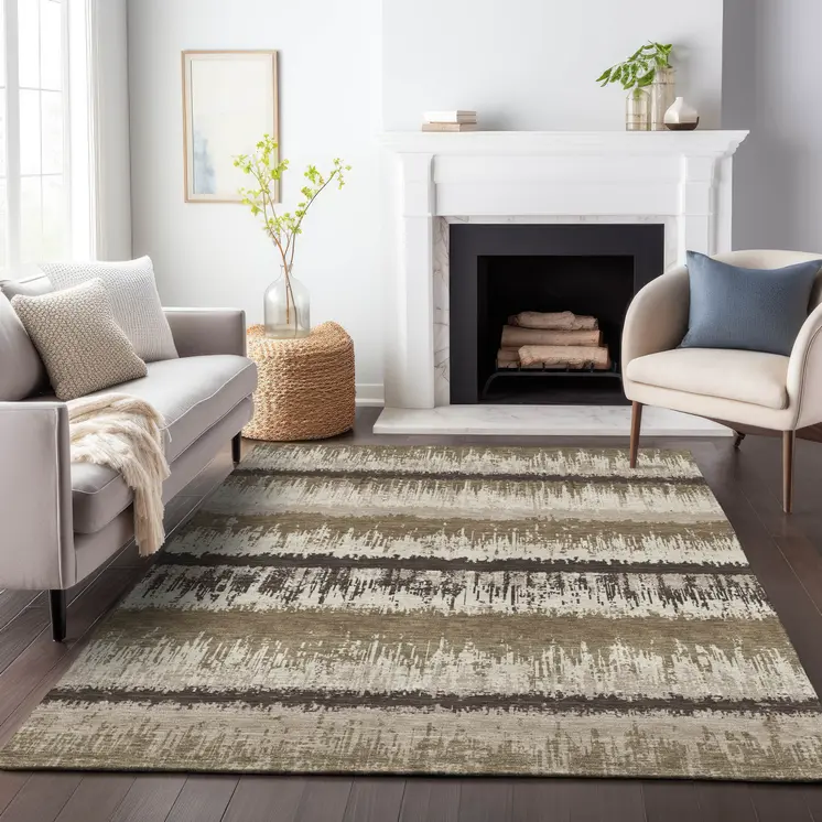 5' X 8' Brown Beige And Ivory Striped Washable Indoor Outdoor Area Rug