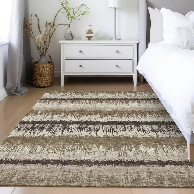 5' X 8' Brown Beige And Ivory Striped Washable Indoor Outdoor Area Rug