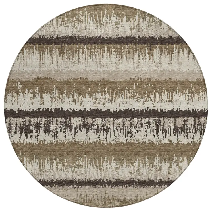 8' Brown Beige And Ivory Round Striped Washable Indoor Outdoor Area Rug