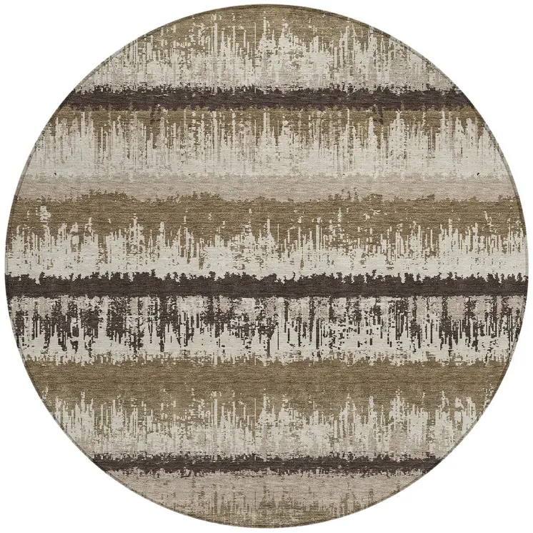 8' Brown Beige And Ivory Round Striped Washable Indoor Outdoor Area Rug
