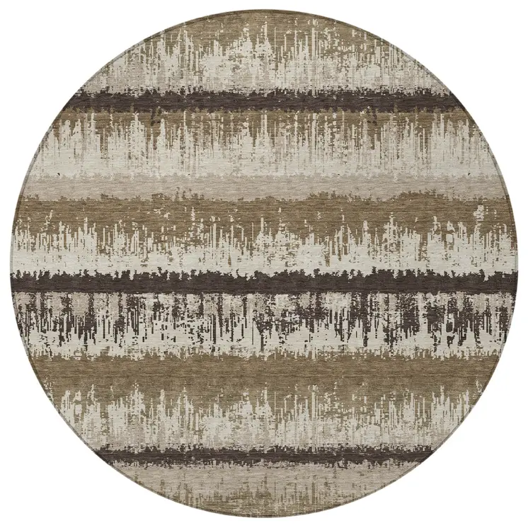 8' Brown Beige And Ivory Round Striped Washable Indoor Outdoor Area Rug