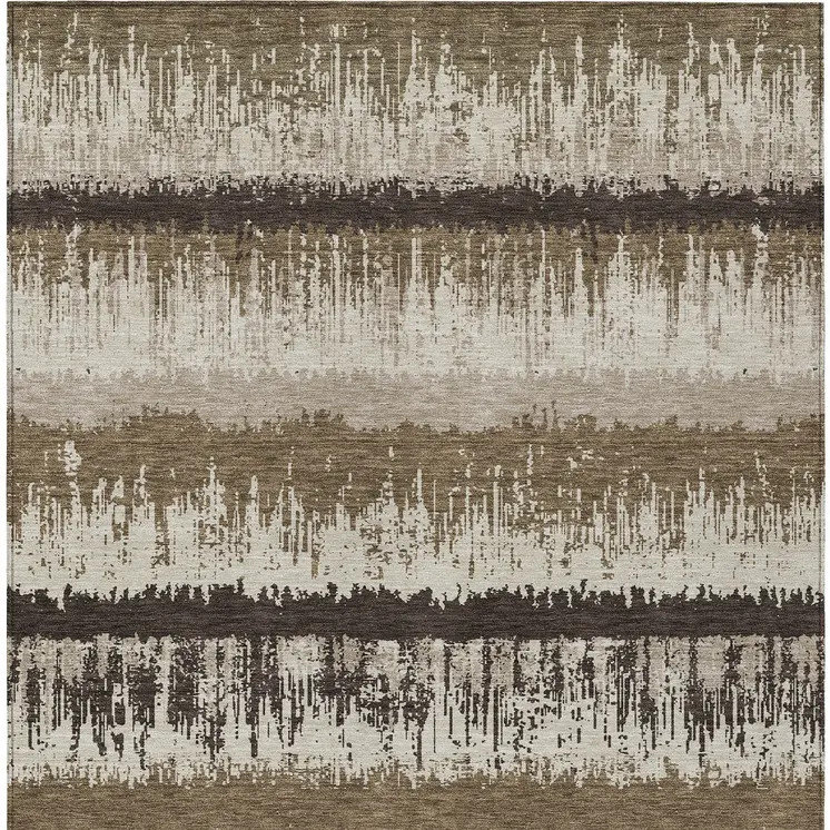 10' X 14' Brown Beige And Ivory Striped Washable Indoor Outdoor Area Rug