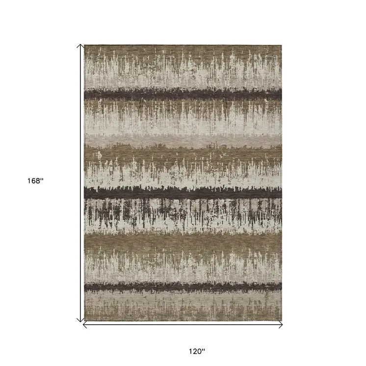 10' X 14' Brown Beige And Ivory Striped Washable Indoor Outdoor Area Rug