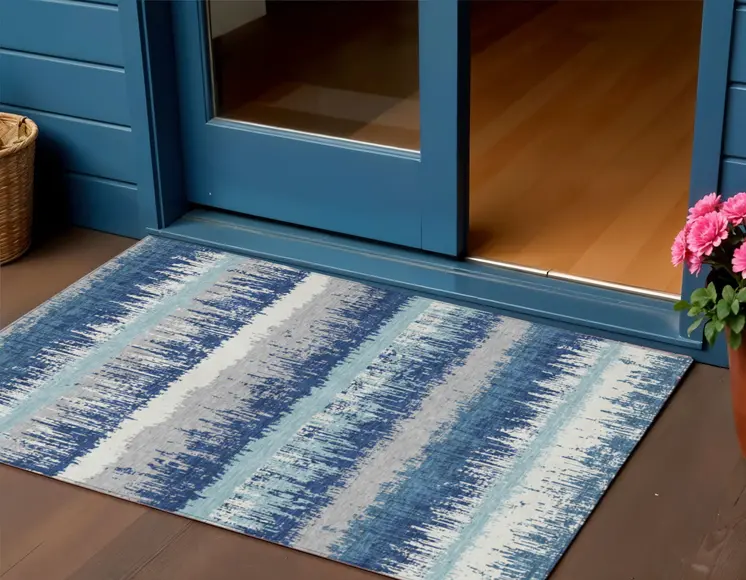 3' X 5' Blue Gray And Ivory Striped Washable Indoor Outdoor Area Rug