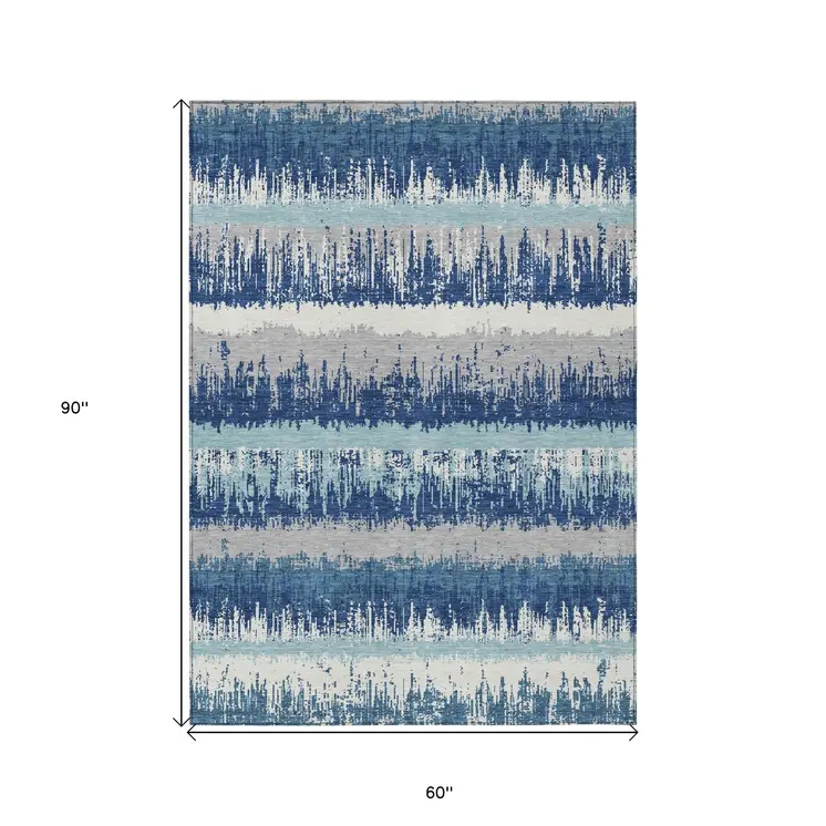 5' X 8' Blue Gray And Ivory Striped Washable Indoor Outdoor Area Rug