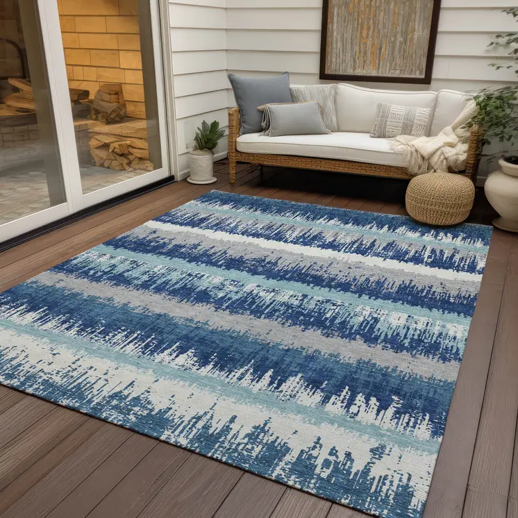 5' X 8' Blue Gray And Ivory Striped Washable Indoor Outdoor Area Rug