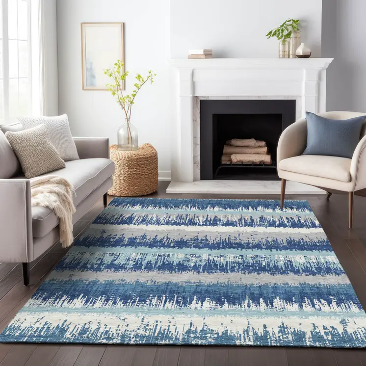 5' X 8' Blue Gray And Ivory Striped Washable Indoor Outdoor Area Rug