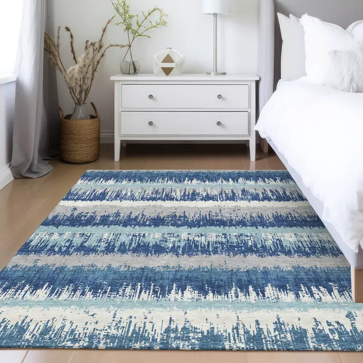5' X 8' Blue Gray And Ivory Striped Washable Indoor Outdoor Area Rug