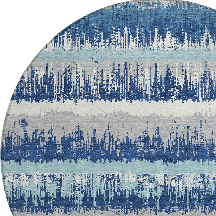 8' Blue Gray And Ivory Round Striped Washable Indoor Outdoor Area Rug