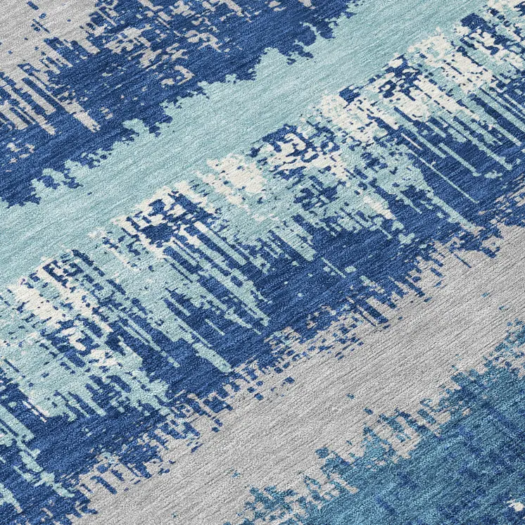 8' Blue Gray And Ivory Round Striped Washable Indoor Outdoor Area Rug