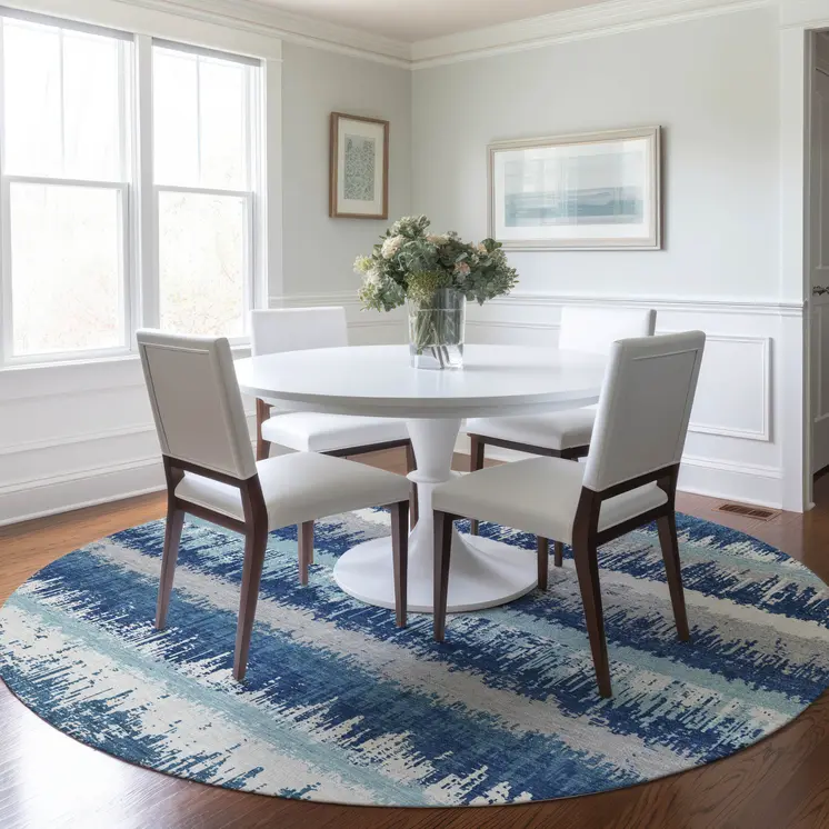 8' Blue Gray And Ivory Round Striped Washable Indoor Outdoor Area Rug
