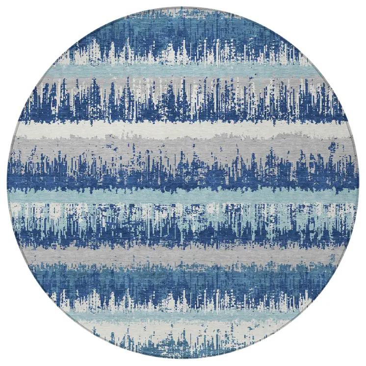 8' Blue Gray And Ivory Round Striped Washable Indoor Outdoor Area Rug