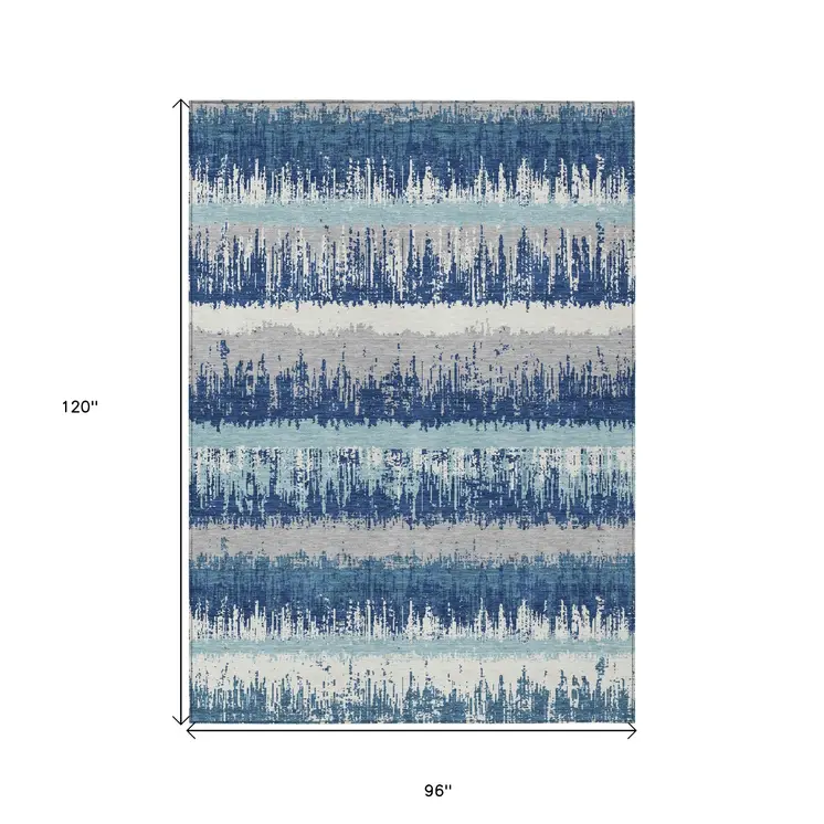 8' X 10' Blue Gray And Ivory Striped Washable Indoor Outdoor Area Rug