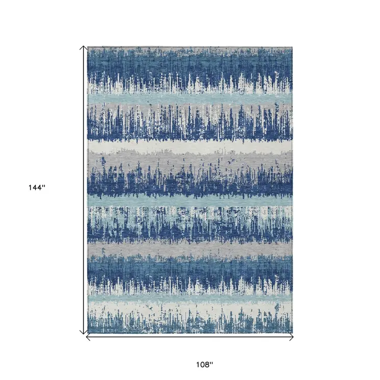 9' X 12' Blue Gray And Ivory Striped Washable Indoor Outdoor Area Rug