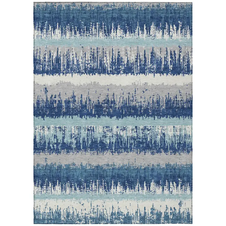 9' X 12' Blue Gray And Ivory Striped Washable Indoor Outdoor Area Rug