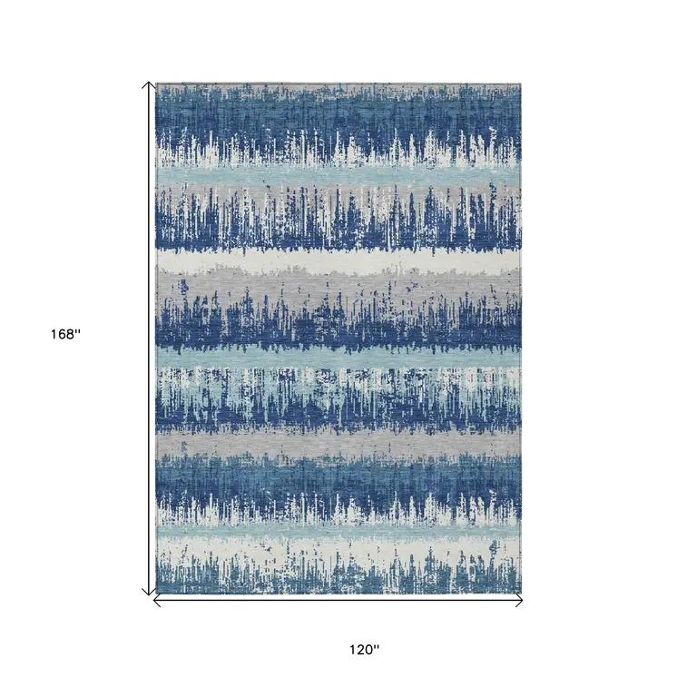 10' X 14' Blue Gray And Ivory Striped Washable Indoor Outdoor Area Rug