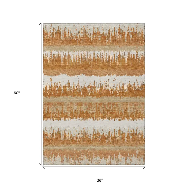 3' X 5' Copper Beige And Ivory Striped Washable Indoor Outdoor Area Rug