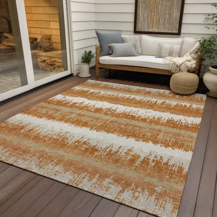 3' X 5' Copper Beige And Ivory Striped Washable Indoor Outdoor Area Rug