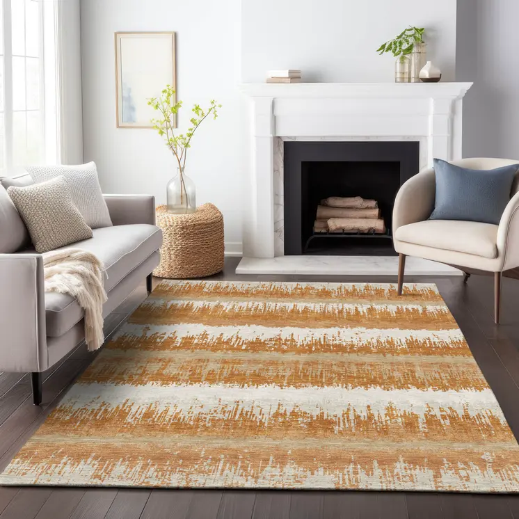 3' X 5' Copper Beige And Ivory Striped Washable Indoor Outdoor Area Rug
