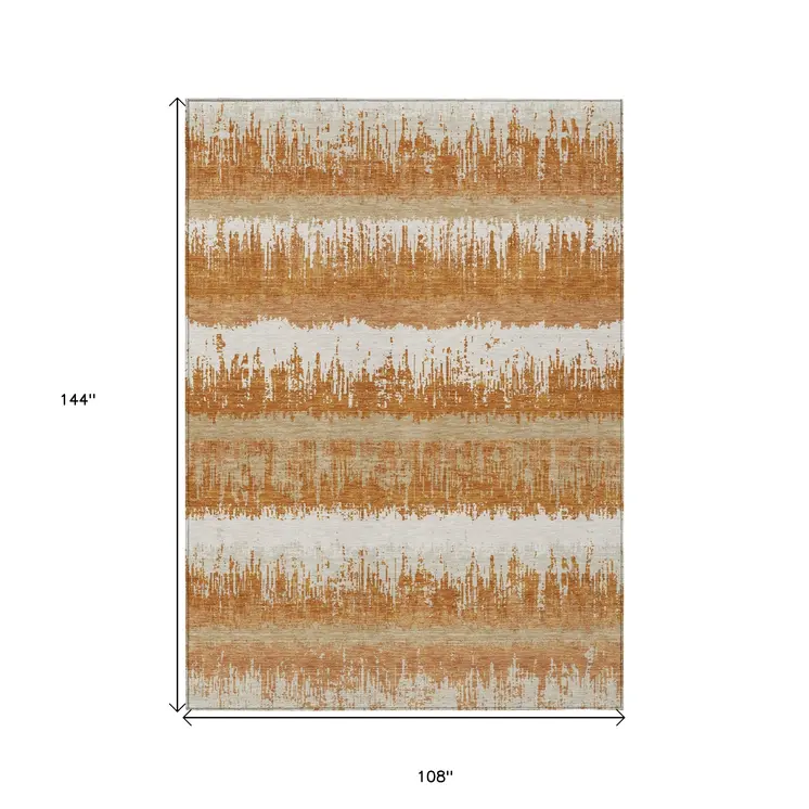 9' X 12' Copper Beige And Ivory Striped Washable Indoor Outdoor Area Rug