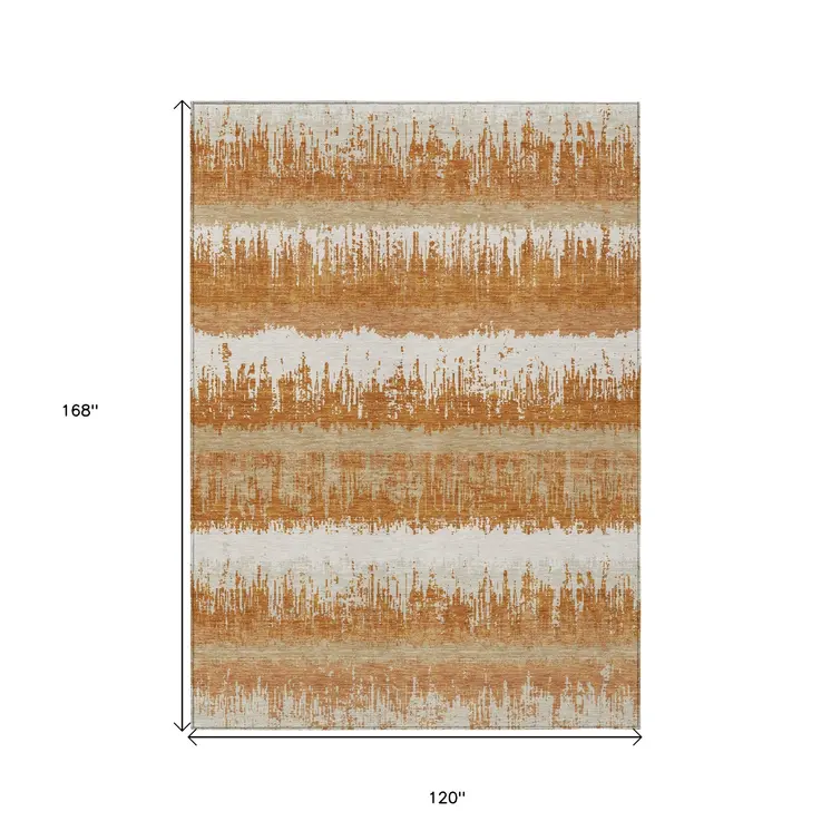 10' X 14' Copper Beige And Ivory Striped Washable Indoor Outdoor Area Rug