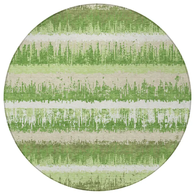 8' Green Beige And Ivory Round Striped Washable Indoor Outdoor Area Rug