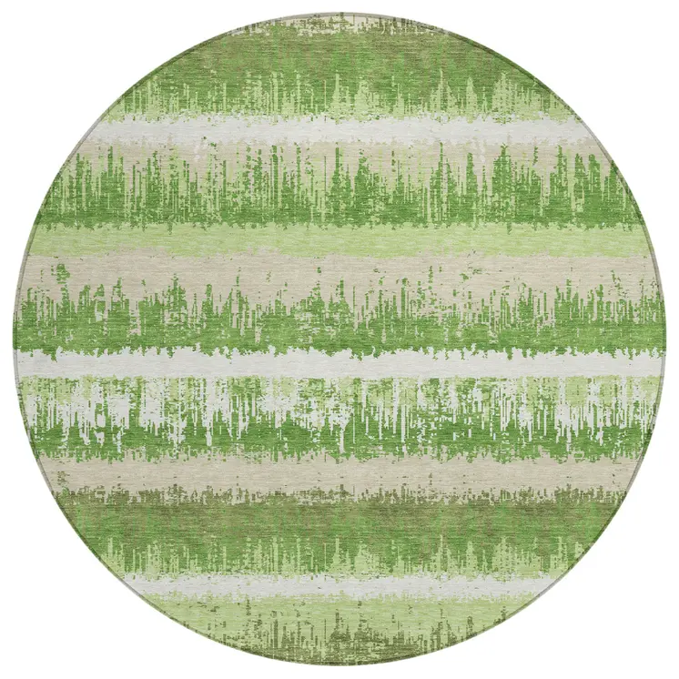 8' Green Beige And Ivory Round Striped Washable Indoor Outdoor Area Rug