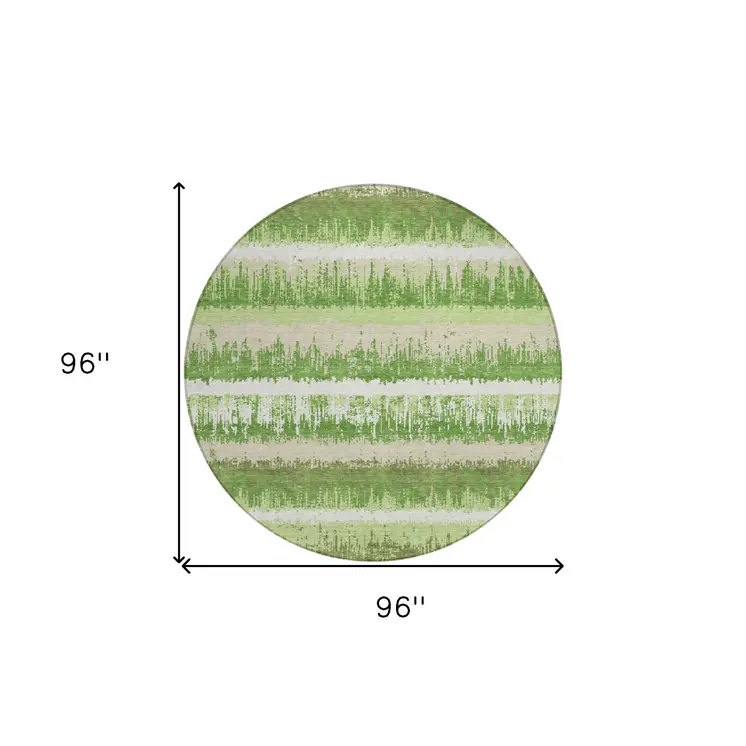 8' Green Beige And Ivory Round Striped Washable Indoor Outdoor Area Rug