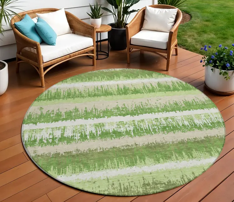 8' Green Beige And Ivory Round Striped Washable Indoor Outdoor Area Rug