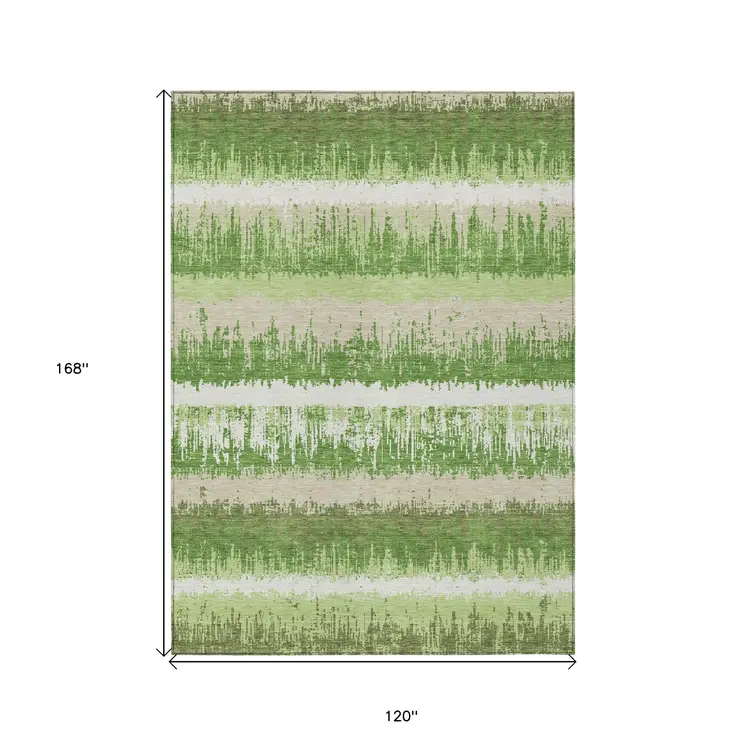 10' X 14' Green Beige And Ivory Striped Washable Indoor Outdoor Area Rug