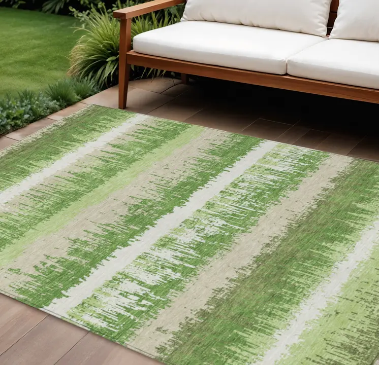 10' X 14' Green Beige And Ivory Striped Washable Indoor Outdoor Area Rug