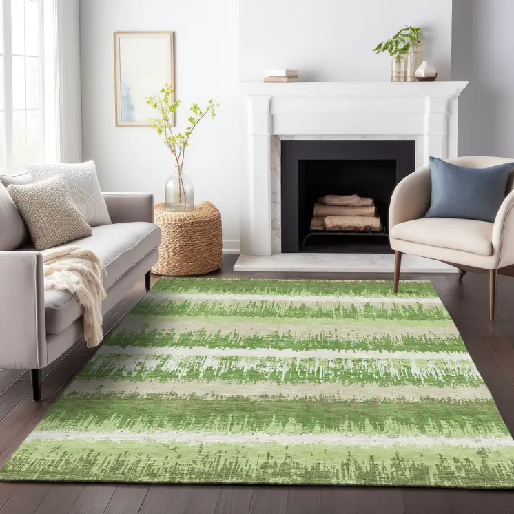 10' X 14' Green Beige And Ivory Striped Washable Indoor Outdoor Area Rug