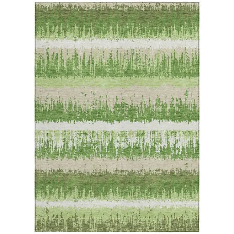 10' X 14' Green Beige And Ivory Striped Washable Indoor Outdoor Area Rug
